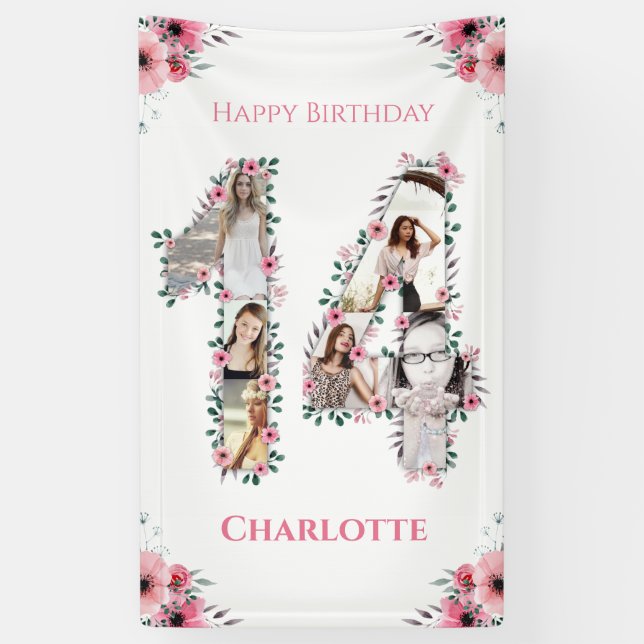 14th Birthday Photo Collage Pink Flower Girl White Banner (Vertical)