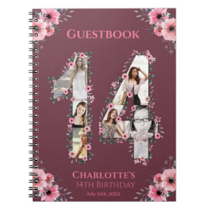 14th Birthday Photo Collage Pink Flower Guest Book
