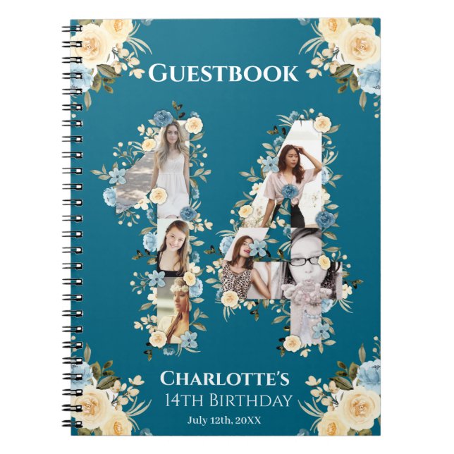 14th Birthday Photo Collage Yellow Flower Teal Notebook (Front)