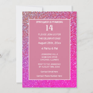 14th Birthday Pink Rose Gold Glitter Fourteen Cute Invitation