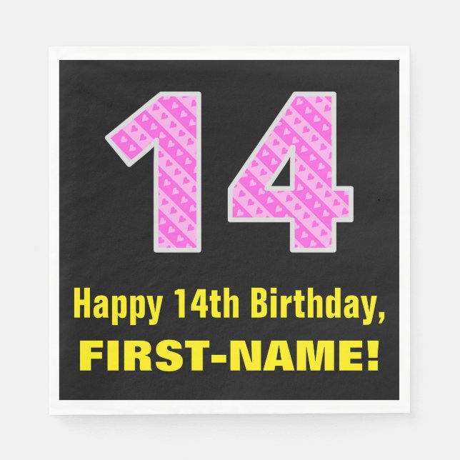 14th Birthday: Pink Stripes and Hearts "14" + Name Napkin (Front)