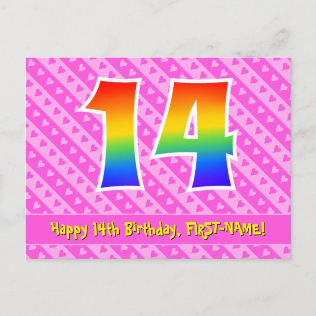 14th Birthday: Pink Stripes & Hearts, Rainbow 14 Postcard (Front)