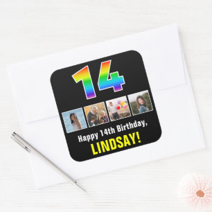 14th Birthday: Rainbow “14”; Custom Photos & Name Square Sticker
