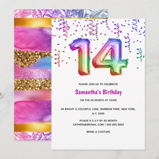14th birthday rainbow glitter colourful party girl invitation (Front/Back)
