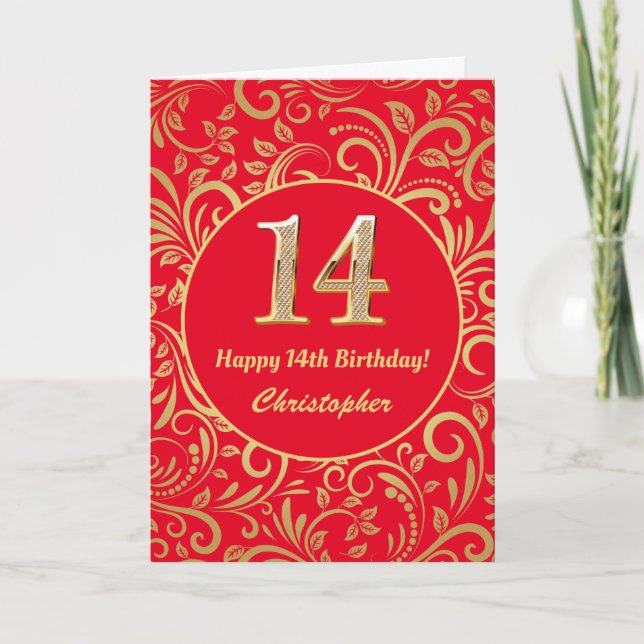 14th Birthday Red and Gold Floral Pattern Card (Front)