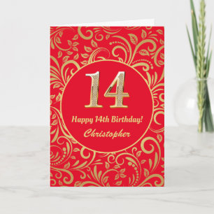 14th Birthday Red and Gold Floral Pattern Card
