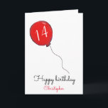 14th Birthday red balloon Card<br><div class="desc">14th birthday red balloon personalized greeting card for him. Perfect for relatives such as parents or grandparents to give to a son or grandson who is turning fourteen or for family friends to give to a teenage boy. The name shown, inside message and age can all be customized as desired....</div>