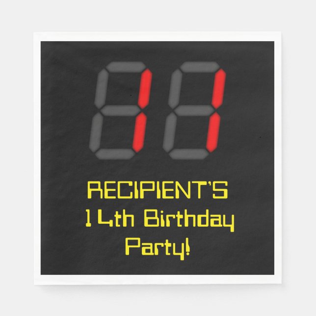 14th Birthday: Red Digital Clock Style "14" + Name Napkin (Front)