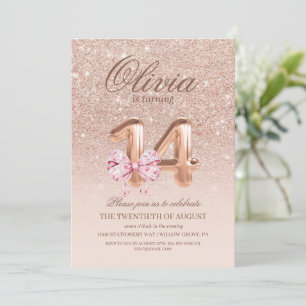 14th Birthday Rose Pink Gold Bow Birthday Party Invitation
