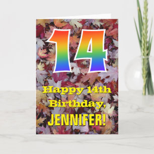 14th Birthday; Rustic Autumn Leaves; Rainbow "14" Card