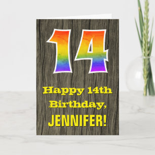 14th Birthday: Rustic Faux Wood Look, Rainbow "14" Card