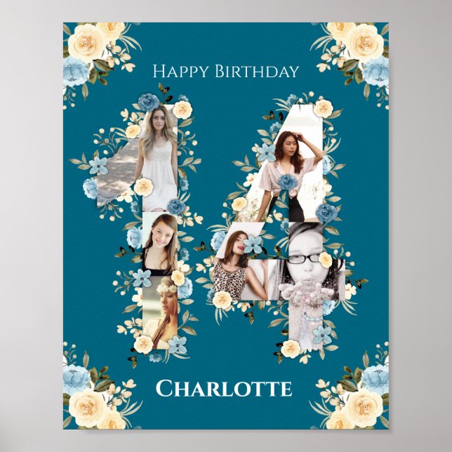 14th Birthday Teal Flower Photo Collage Yellow Poster (Front)