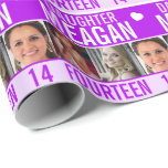 14th birthday three photos purple daughter wrapping paper<br><div class="desc">Graphic purple,  and white with a little white heart fourteen daughter birthday wrapping paper. Bright graphic birthday wrap with three placeholders for your own photos and to customize with your own name,  age,  and inside message. A matching birthday card is also available. Unique design by Sarah Trett for www.mylittleeden.com</div>