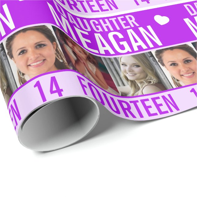 14th birthday three photos purple daughter wrapping paper (Roll Corner)