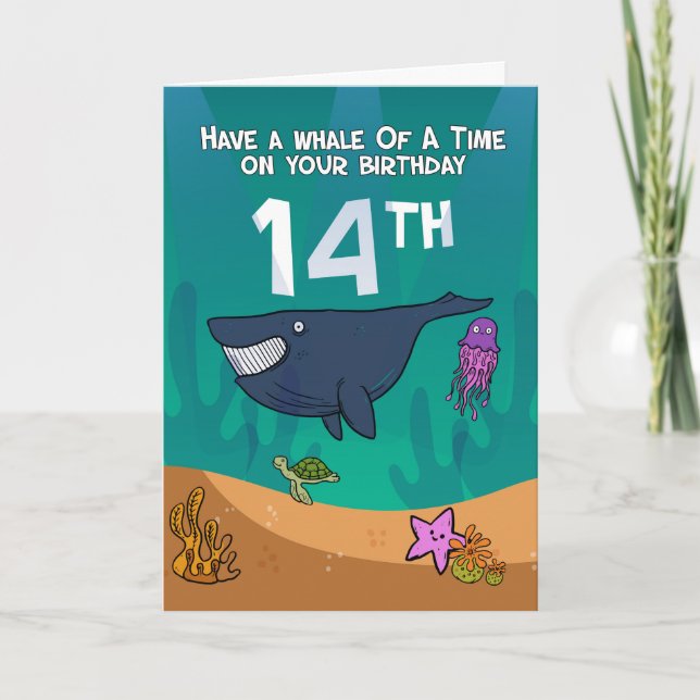 14th Birthday, Whales Starfish and turtle, Card (Front)