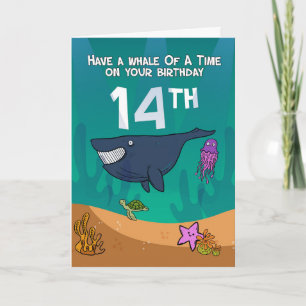 14th Birthday, Whales Starfish and turtle, Card