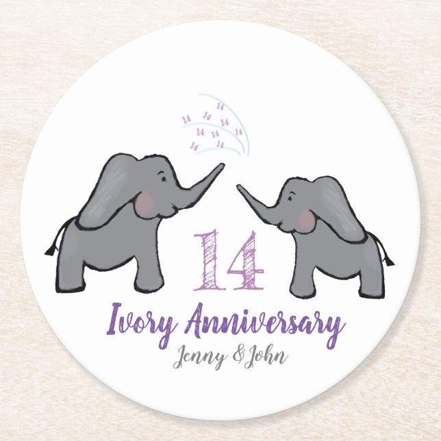 14th ivory wedding anniversary cute elephant round paper coaster (Front)