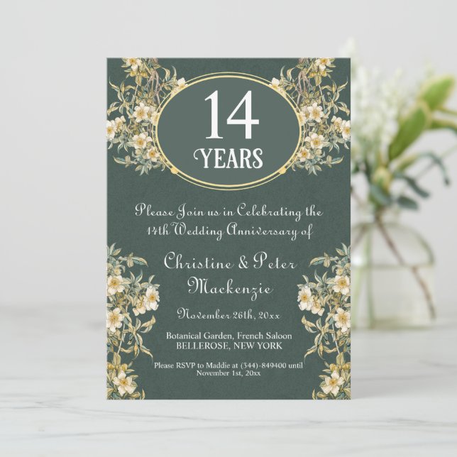 14th Ivory Wedding Anniversary Rich Floral Invitation (Standing Front)