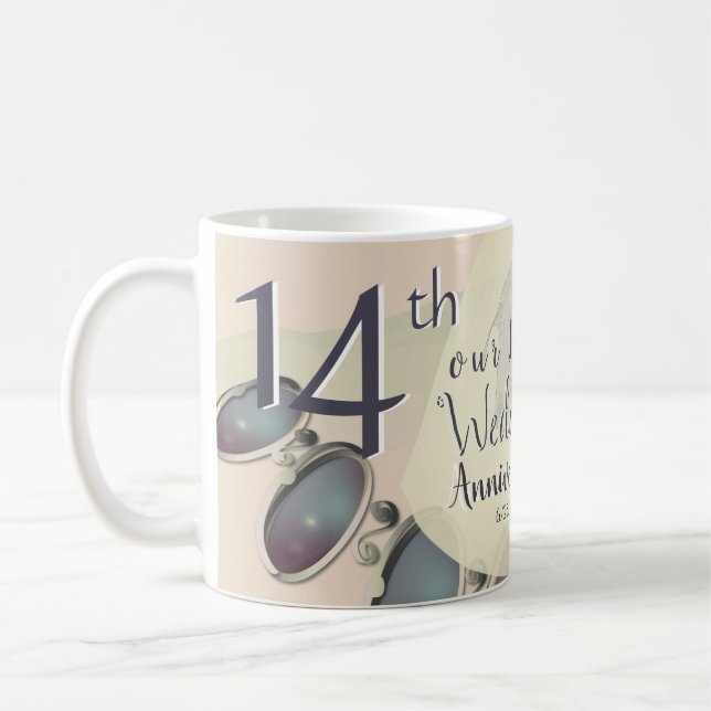 14th Wedding Anniversary Opals & Elephants Coffee Mug (Left)
