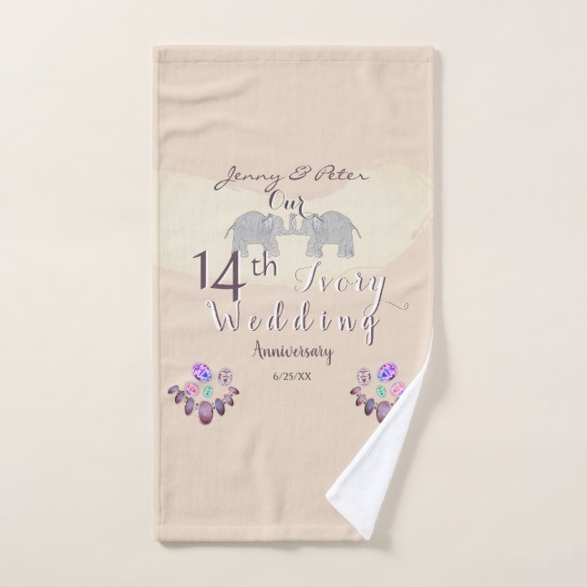 14th Wedding Anniversary Opals & Elephants Ivory  Bath Towel Set (Hand Towel)