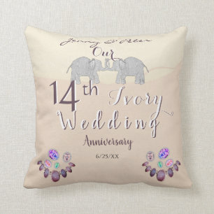 14th Wedding Anniversary Opals & Elephants Ivory T Throw Pillow