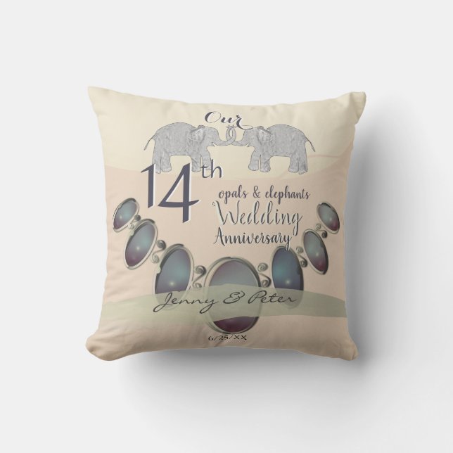 14th Wedding Anniversary Opals & Elephants Ivory Throw Pillow (Front)