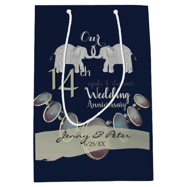 14th Wedding Anniversary Opals & Elephants Navy Medium Gift Bag (Front)