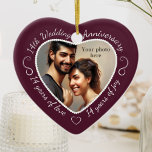14th Wedding Anniversary Photo Ceramic Ornament<br><div class="desc">Celebrate a 14th happy year of marriage with a custom photo ornament in a delightful heart shape frame. Simply upload your own photo of the married couple and it will appear in the cutout. The eggplant (aubergine) colour surround features a white script font and decorations. The words are: 14th Wedding...</div>