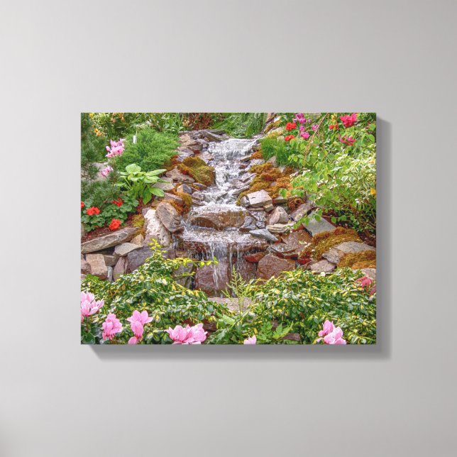14x11 Flowing Waterfall with spring flowers Canvas Print (Front)