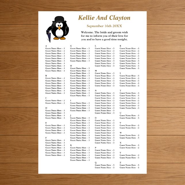 150 Funny Penguin Greeter Wedding Seating Chart (Creator Uploaded)