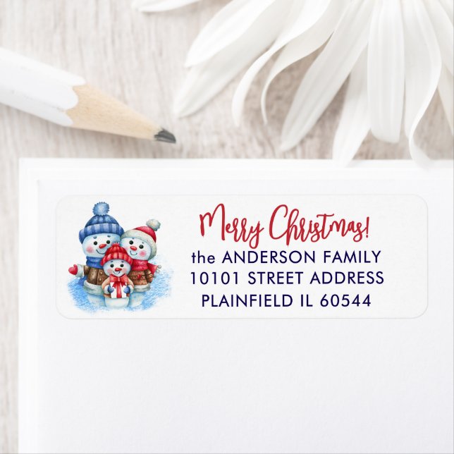 150 Snowman Family Merry Christmas Return Address (En situation)