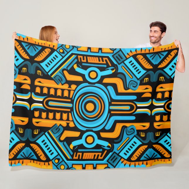 155 blue and orange symmetrical pattern fleece blanket (In Situ)