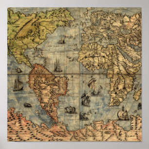 1565 Forlani Antique World Map Vintage Cartography Poster
