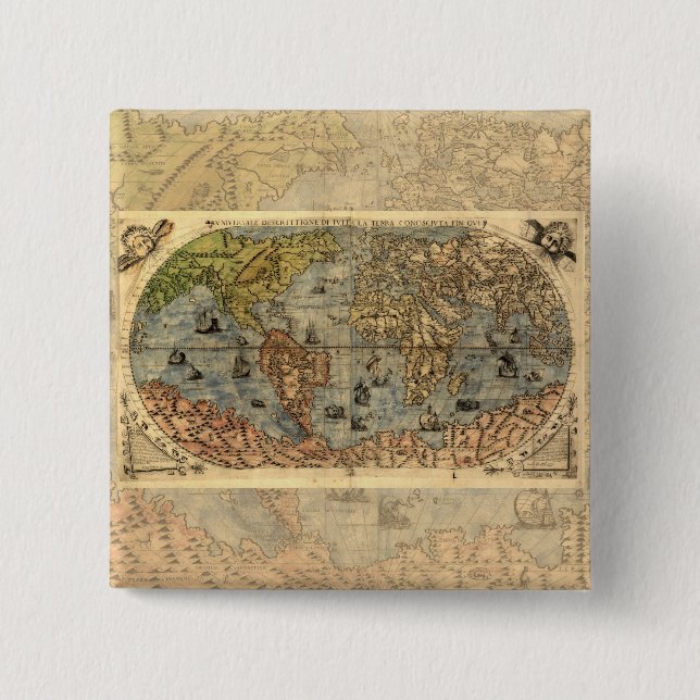 1565 Forlani AntiquevWorld Map Renaissance  2 Inch Square Button (Front)