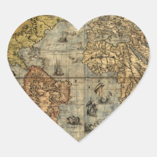 1565 Forlani AntiquevWorld Map Renaissance  Heart Sticker