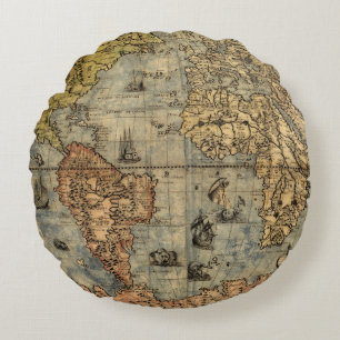 1565 Forlani AntiquevWorld Map Renaissance  Round Pillow