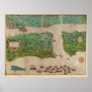 1589 Map - Drake's Voyage - St. Augustine, Florida Poster