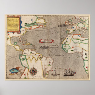 1589 Map Sir Francis Drake's West Indies Voyage Poster