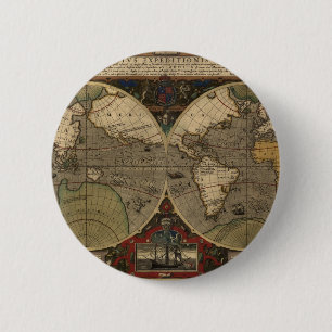 1595 Vintage World Map by Jodocus Hondius 2 Inch Round Button