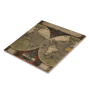 1595 Vintage World Map by Jodocus Hondius Tile