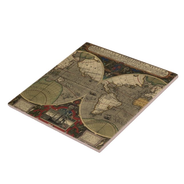 1595 Vintage World Map by Jodocus Hondius Tile (Side)