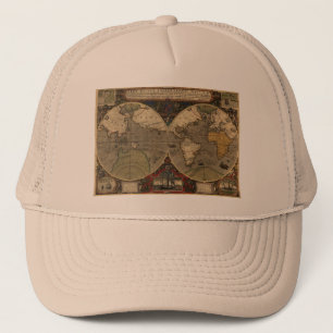 1595 Vintage World Map by Jodocus Hondius Trucker Hat