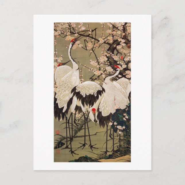 15. 梅花群鶴図, 若冲 Plum Blossoms & Cranes, Jakuchū Postcard (Front)