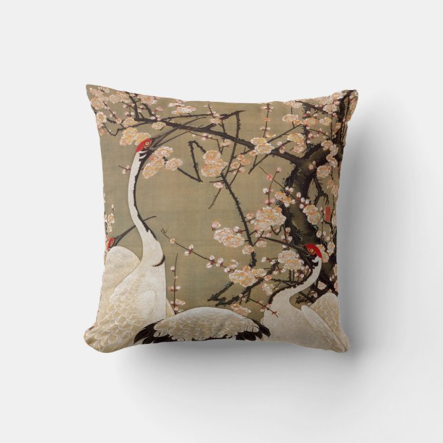 15. 梅花群鶴図, 若冲 Plum Blossoms & Cranes, Jakuchū Throw Pillow (Front)
