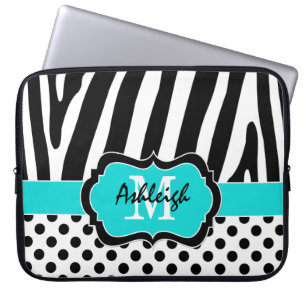 15" Aqua Black Zebra Stripes Polka Dot Laptop Case
