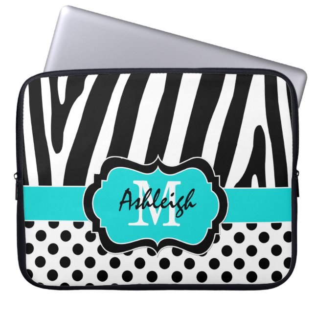 15" Aqua Black Zebra Stripes Polka Dot Laptop Case (Front)