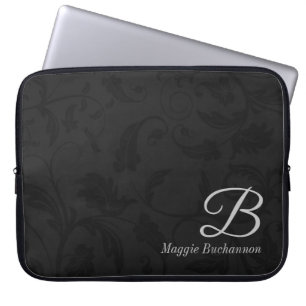 15" Monogrammed Black Damask Laptop Sleeve