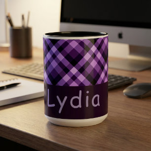 15 ounce Plum Purple Plaid Monogram Combo Mug