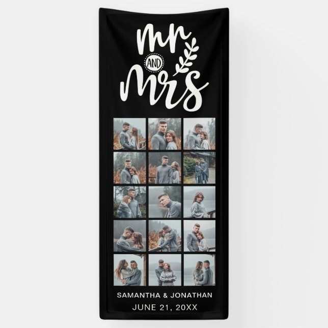 15 Photo Collage Black & White Mr. & Mrs. Weddding Banner (Vertical)