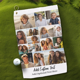 15 Photo Collage - Custom Text - Black and White Golf Towel